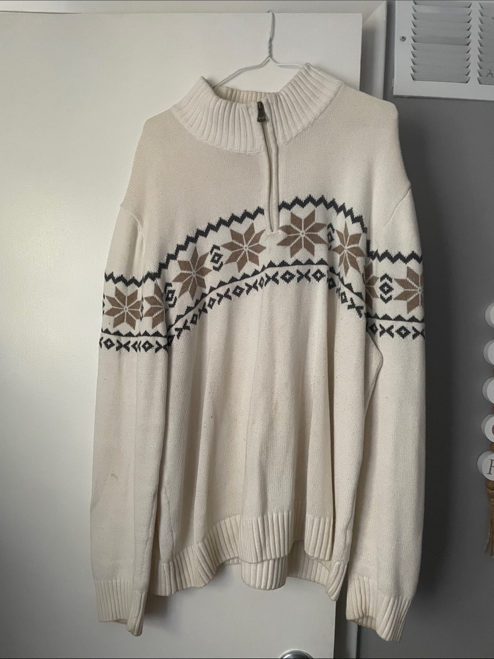 Weatherproof Cream Half-Zip Sweater with Tan & Black Fair Isle